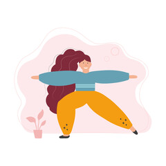 Sportive young woman doing yoga and fitness exercises. Healthy lifestyle. Vector in EPS format. Woman training at home doing main yoga exercises. Personal trainer, workout class, healthy lifestyle
