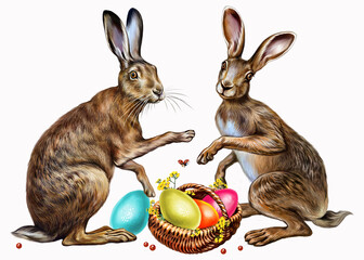 Two funny Easter bunnies with a basket of Easter eggs