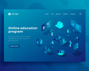 Online education program isometric landing page template. Global access to knowledge web banner. Self-study, e-learning opportunities. Internet education software promo website design layout
