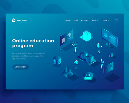 Online education program isometric landing page template. Global access to knowledge web banner. Self-study, e-learning opportunities. Internet education software promo website design layout