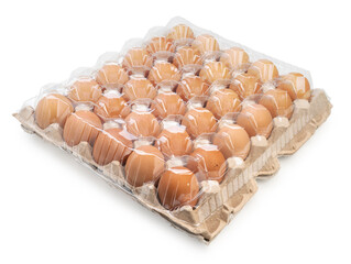 Fresh Chicken eggs in carton box isolated on white background, Egg in cardboard box on White With clipping path.