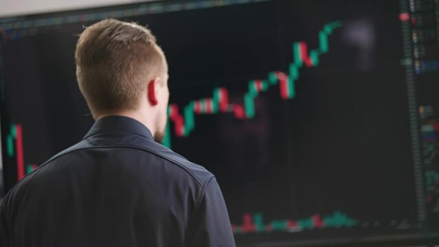 Stock analysis trader looking at trading graph turn and pose like stonks man 4K