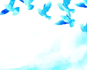 飛ぶ青い鳥シルエット　羽ばたく鳥の手描き水彩イラスト背景素材