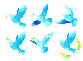 青色の飛ぶ鳥と葉っぱのシルエット　羽ばたく鳥の手描き水彩イラスト素材