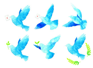 Fototapeta premium 青色の飛ぶ鳥と葉っぱのシルエット 羽ばたく鳥の手描き水彩イラスト素材