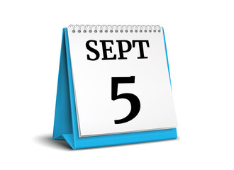 September 5. Calendar on white background. 3D illustration.