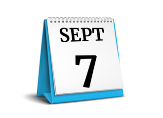 September 7. Calendar on white background. 3D illustration.