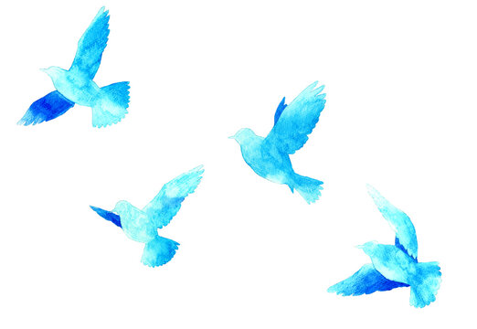飛ぶ青い鳥シルエット　羽ばたく鳥の手描き水彩イラスト素材