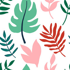 Fototapeta na wymiar Summer time illustration. Exotic jungle plants illustration in vector. Seamless tropical pattern with jungle leaves and palm fronds.