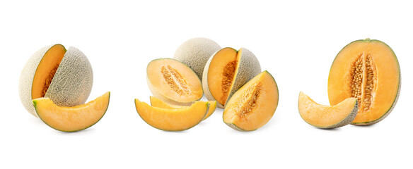 Beautiful slices cantaloupe isolated on white background.