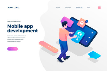 Mobile app development isometric landing page template. Male programmer, engineer creating smartphone application cartoon character. Web designer planning mobile software interface layout