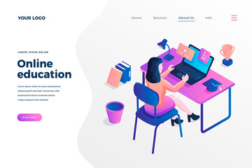 Online education isometric landing page template. Cartoon student watching online course. Distance learning postgraduate program. Self-study, exam preparation website page design layout