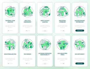 Industrial ecology green onboarding mobile app screen set. Sustainability walkthrough 5 steps graphic instructions pages with linear concepts. UI, UX, GUI template. Myriad Pro-Bold, Regular fonts used