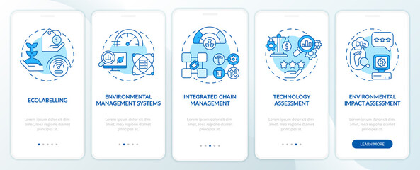 Tools of industrial ecology blue onboarding mobile app screen. Ecosystem walkthrough 5 steps graphic instructions pages with linear concepts. UI, UX, GUI template. Myriad Pro-Bold, Regular fonts used