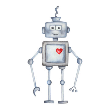 Watercolor illustration of hand painted metal robot character with red heart and smile, who looks like a man, human in blue, grey colors. Isolated on white clip art for children fabric, textile print