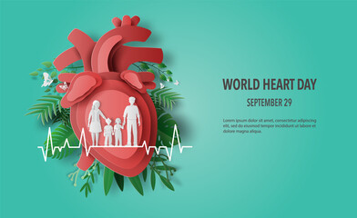 World Heart Day concept, a family holding hands standing on a heartbeat line together with a heart in the background, paper illustration, and 3d paper.