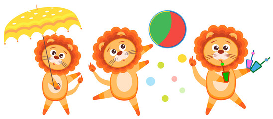 Funny animals, lion. Image in cartoon style. Isolated drawing on a white background.