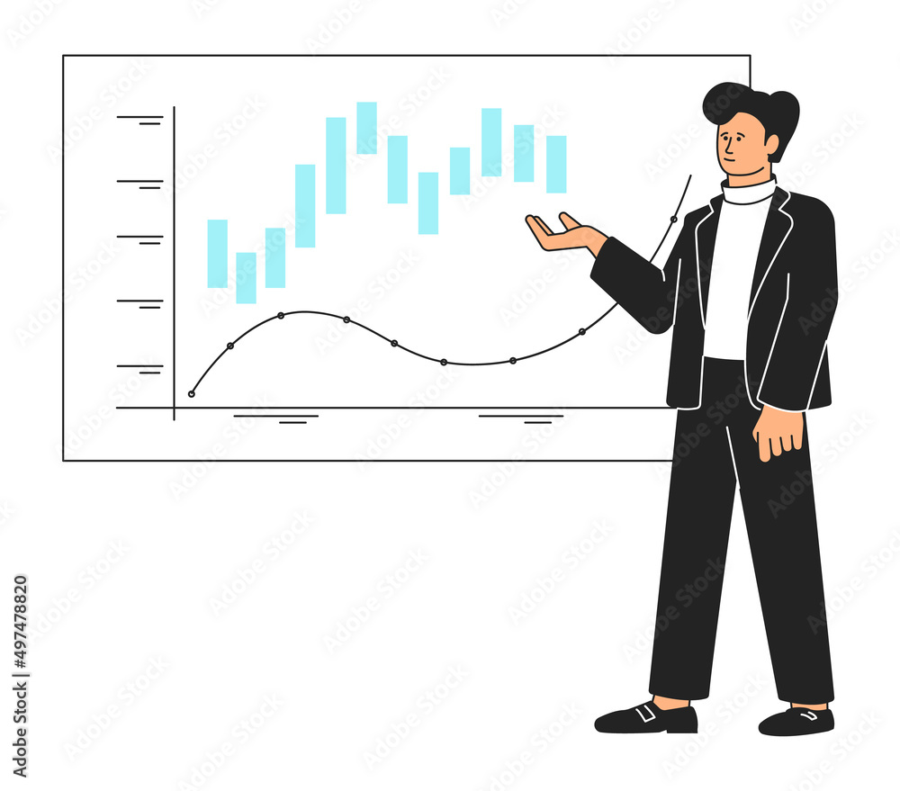 Poster man showing chart on board. business report presentation