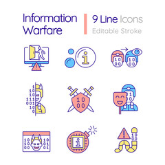 Information warfare RGB color icons set. Mislead opponent. Data manipulation. Isolated vector illustrations. Simple filled line drawings collection. Editable stroke. Quicksand-Light font used - obrazy, fototapety, plakaty