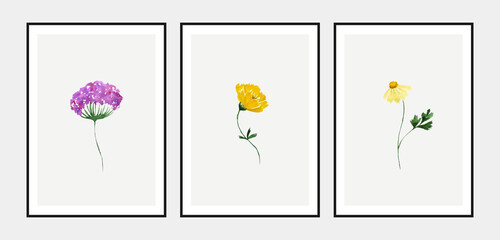 Set of modern minimal posters with hand painted watercolor wildflowers.