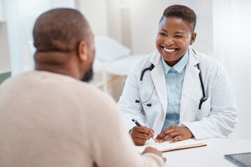 Her devotion and care brings healing and hope. Shot of a young doctor writing notes during a consultation with a patient in a medical office.