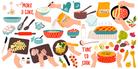 Cooking soup. A set with cooking stages, vegetables, dishes.   Preparation the cherry pie with ingredients and utensils. Female hands. Text - Make a cake, Time to cook. Vector illustration