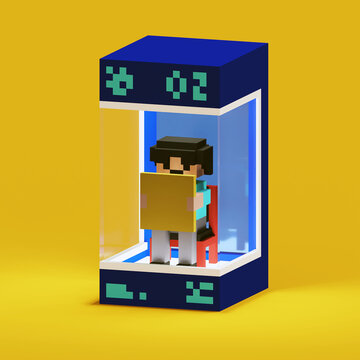 3D Rendering of character using voxel art style. People reading news paper.