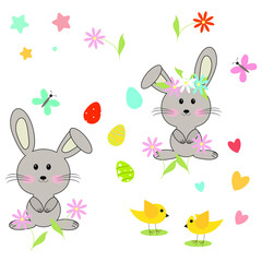 Set. Happy Easter. Dekor set. Hares and chickens. easter bunny and easter eggs