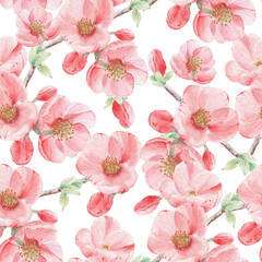 Flower seamless pattern with pink peach flowers.  Spring watercolor flowers for background,  print on fabric, wallpaper, notebook and other surfaces.