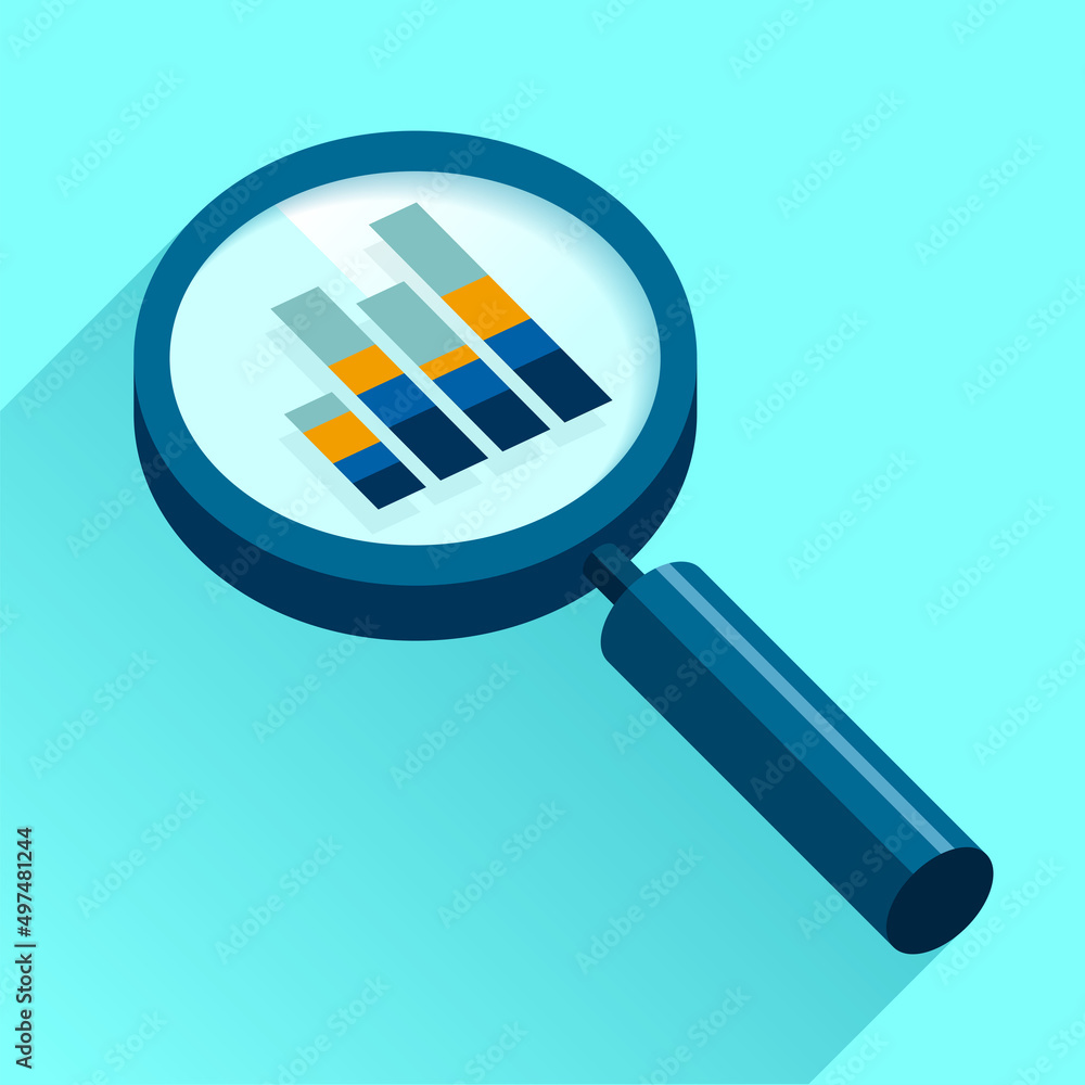 Poster magnifying glass icon in flat style. search loupe and diagrams on color background. business analyti