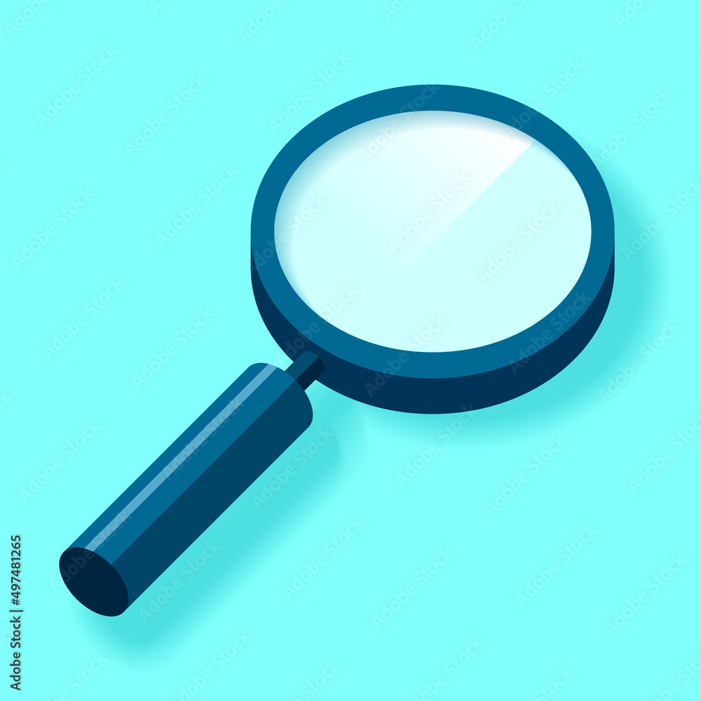 Poster magnifying glass icon in 3d flat style. search loupe on color background. business analytic illustra