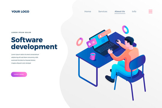 Software development isometric landing page template. Male programmer designing user account interface. Computer engineer creating login, password. Web development company homepage design layout