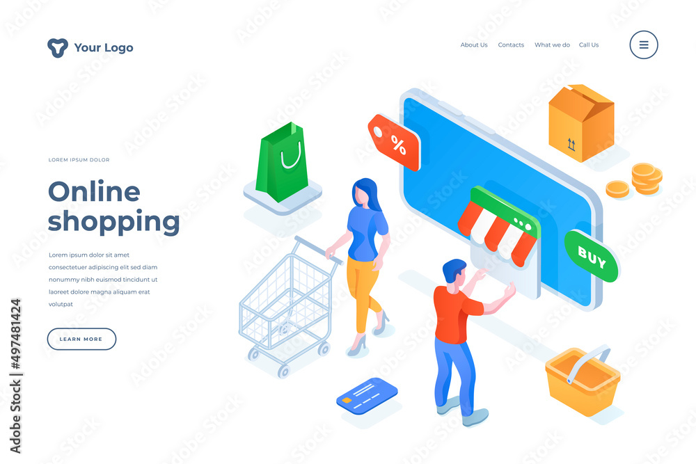 Wall mural online shopping isometric landing page template. internet purchases via smartphone application web b