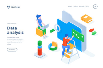 Data analysis isometric landing page template. Cartoon analysts preparing financial analytics graphs, statistics reports. Market growth research services promotional website page design layout