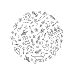 Garden tools and plants, a set of vector doodle illustrations. Concept gardening, a summer hobby.