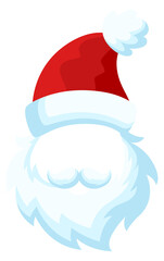 Cartoon white beard with Christmas red hat. Santa symbol