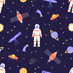 Seamless Pattern Cosmos doodle is a set of vector illustrations. Icons of space elements rocket cosmonaut stars satellite telescope comet.