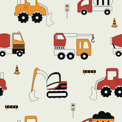 Cute childish seamless pattern of construction machinery. Cartoon hand drawn transport. Vector print with excavator, bulldozer, crane, dump truck. Toy cars helpers.