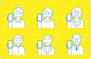 スマートフォンを持っているいろいろな人7　高齢者と若者　線画
