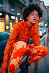 Stylish afro black young woman posing sitting outdoors fashionable cool attitude