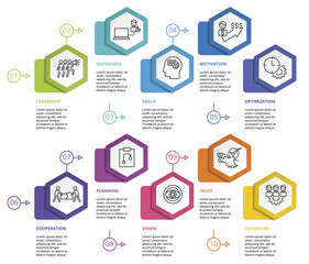Infographic Teamwork template. Icons in different colors. Include Teamwork, Trust, Vision, Planning and others.