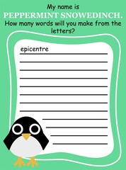 Anagram word game with little cartoon penguin vector illustration. Funny educational game in English for children. Create and write as many words as you can by given white letters