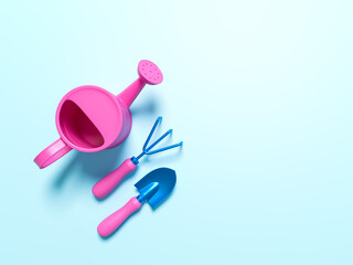 Pink Watering can with gardening tools scoop and rake. Creative layout on pastel blue background. Minimal summer concept with copy space. 3d render