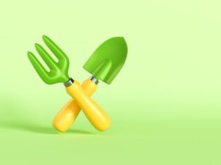 Yellow gardening tools scoop and rake. Creative layout on pastel green background. Minimal garden concept with copy space. 3d render