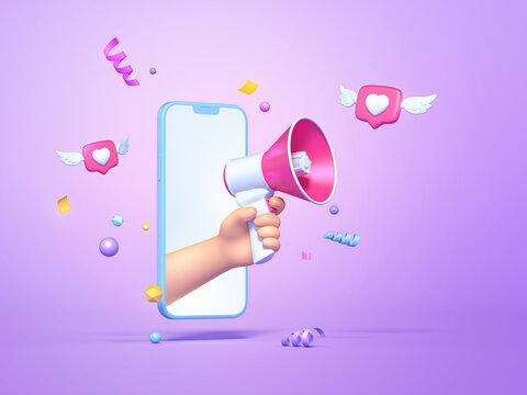 Post information alert from hand with megaphone or loudspeaker on a phone with wings like pin. Flat cartoon announce notification banner sign on a purple background. 3d render