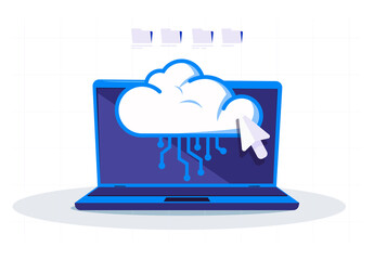 Vector illustration of an open laptop with cloud storage of document files in electronic folders