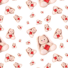 Seamless pattern with a rabbit and a red gift.
