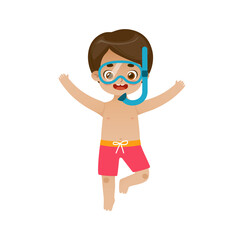 Happy baby boy in snorkeling mask. Adorable smiling child in beachwear jumping. Cute summer kid.