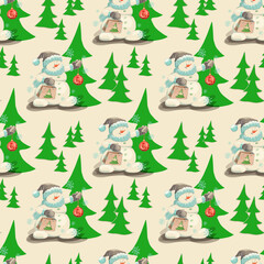 snowman and christmas trees, seamless new year pattern snowman in hat and scarf with Christmas toy on a background of green Christmas trees, wrapping paper seamless design