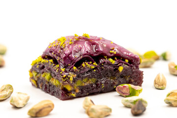 Pistachio purple baklava on a white background. Baklava specially prepared for diabetics....
